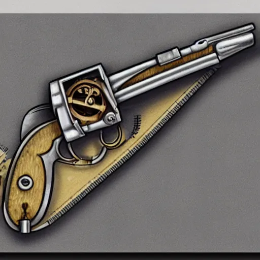 Image similar to technical drawing a steampunk revolver