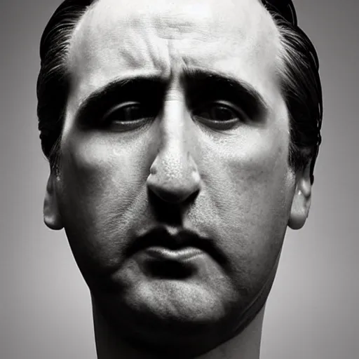 Image similar to Award-winning photograph by Chema Madoz. The photo depicts a decaying roman bust of Nicolas Cage at the bottom of the sea. Minimalism, high definition, perfect composition. Deep sea picture. Very dark. Volumetric Lighting. Fish. Darkness. Ruins