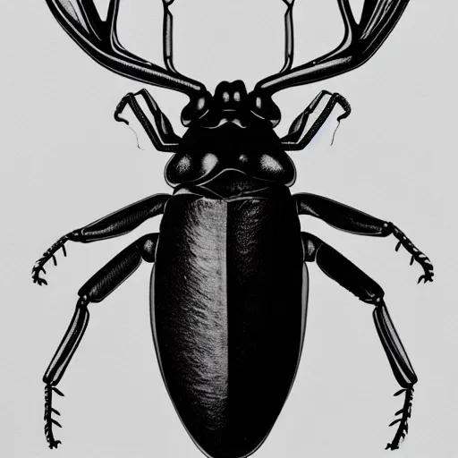 Image similar to stag beetle, black and white, botanical illustration, black ink on white paper, bold lines