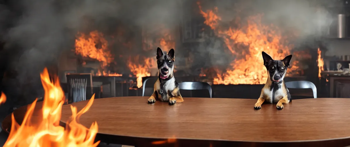 Image similar to a photograph (flash on) of a single anthropomorphic dog sitting on a chair at a dinner table (no fire at all there), very relaxed, surrounded by flames, cup of coffee on the table, huge fire on this dining room in the background, a lot of flames behind the dog, black smoke instead of the ceiling, no watermark