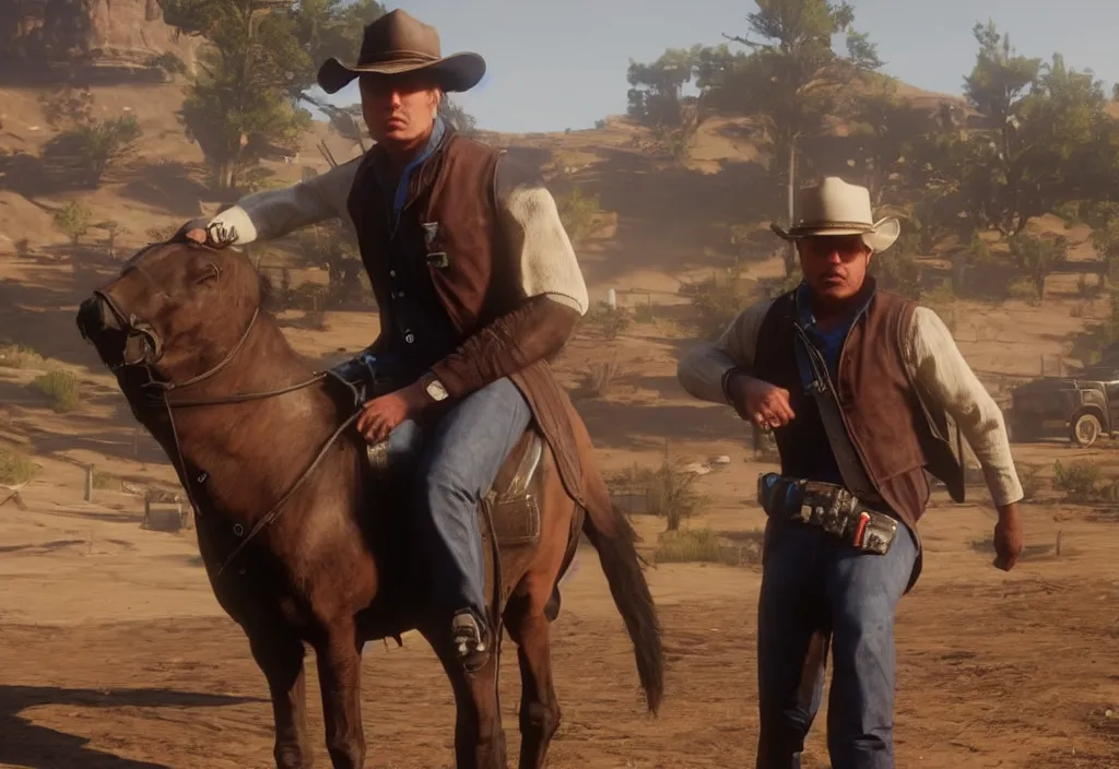 Image similar to elon musk in the red dead redemption 2, elon musk in the video game red dead redemption 2, gameplay screenshot, close up, 3 d rendering. unreal engine. amazing likeness. very detailed.