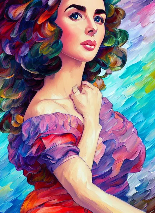 Image similar to elizabeth taylor detailed clothing, half body shot, arms down, path traced, highly detailed, high quality, digital painting, alena aenami, leonid afremov, lilia alvarado, shinji aramaki, karol bak, alphonse mucha, tom bagshaw