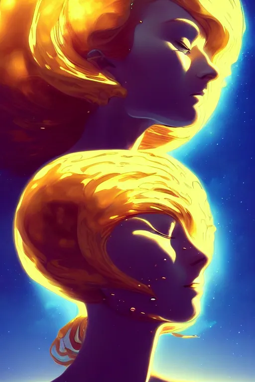 Image similar to a golden woman 2/3 figurative anime portrait, in space, head breaking apart and spiraling geometry into the sky upwards into another dimension, lazer light beaming down to top of her head, by james jean, artgerm, featured in artstation, elegant, Moebius, Greg rutkowski