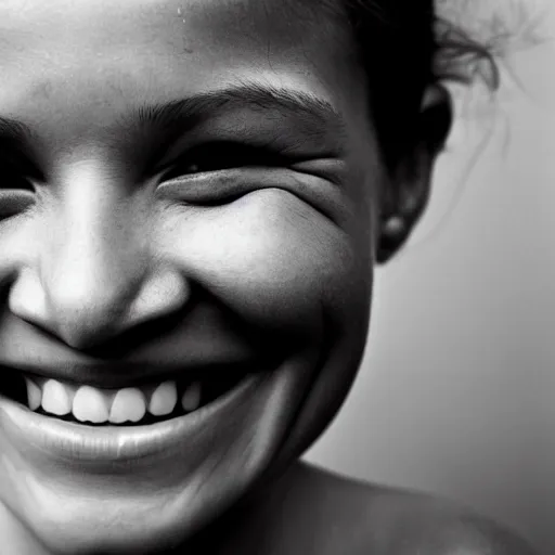 Prompt: a candid extreme closeup portrait of an expressive face of a delighted young woman by annie leibovitz