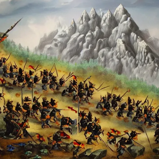 Image similar to painting of a dark mountain fighting armies of gnomes, epic, army formations, melle, ranged and siege