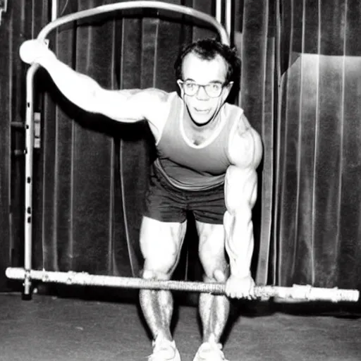 Prompt: Rick Moranis pumping iron in the gym next to Arnold vintage