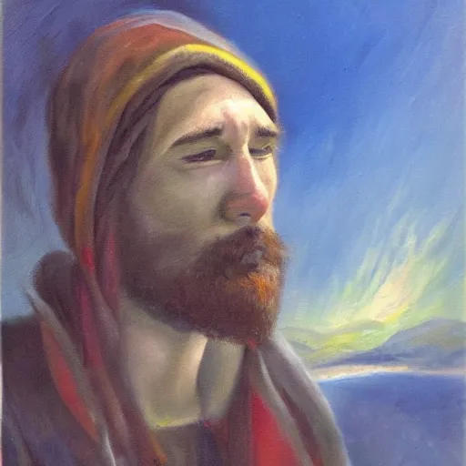 Image similar to he had journeyed a long way, and was very tired. oil painting