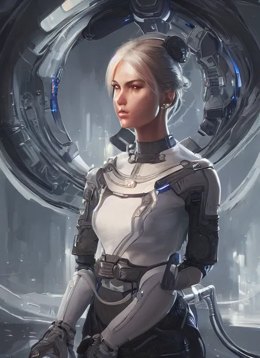 Image similar to Beautiful female character in futuristic maid outfit, sci-fi, intricate, elegant, highly detailed, digital painting, CGSociety, artstation, concept art, smooth, sharp focus, illustration, art by artgerm and greg rutkowski