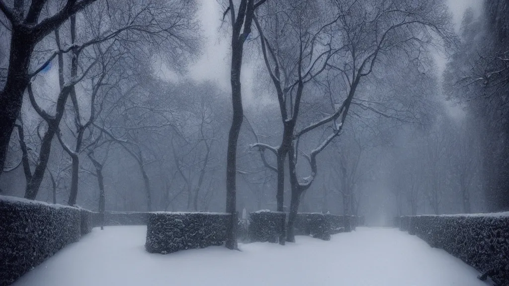 Prompt: the secret garden under heavy snow, surrounded by tall walls. andreas achenbach, artgerm, mikko lagerstedt, zack snyder, tokujin yoshioka