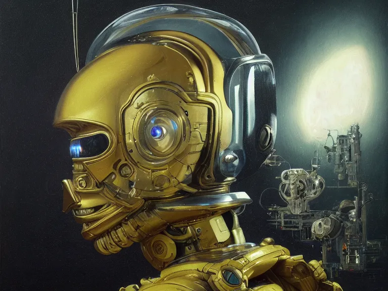 Image similar to a detailed profile oil painting of a polished humanoid robot with reflective visor, flight suit, portrait symmetrical and science fiction dieselpunk theme with aurora lighting by beksinski carl spitzweg and tuomas korpi. baroque elements, full-length view. baroque element. intricate artwork by caravaggio. Trending on artstation. 8k