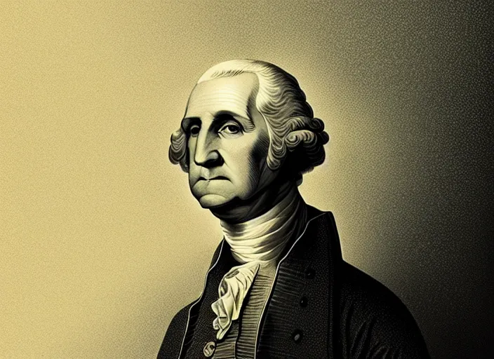 Image similar to illustrated portrait of george washington, mads berg, karolis strautniekas, christopher balaskas, stippled light, low fog, moody, fine texture, editorial illustration, dramatic lighting, dynamic composition, detailed, matte print, muted color, ( ( victo ngai ) ), wide angle