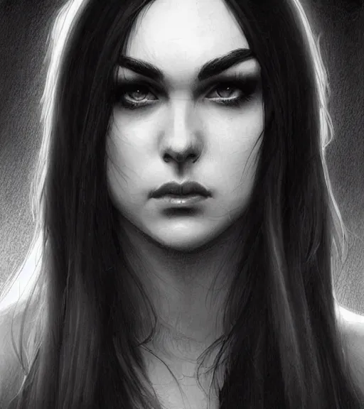 Prompt: sasha grey, beautiful piercing eyes, realistic face, black and white drawing, in the style of greg rutkowski, fantasy, amazing detail, epic, intricate, elegant, smooth, sharp focus