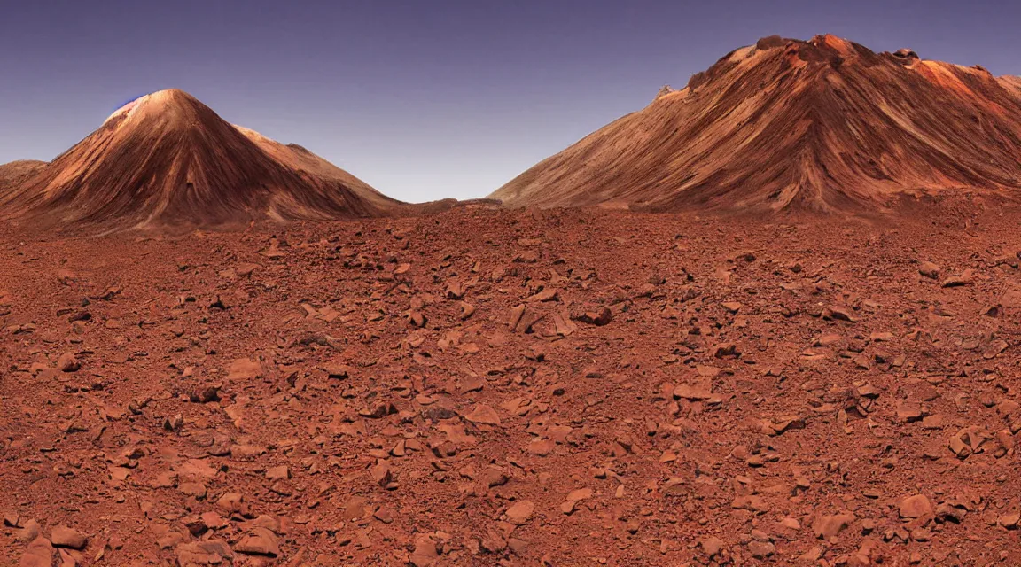 Image similar to stunning large format photograph, beautiful cinematic perspective of a dramatic martian mountainside, reddish brown color scheme rocks and soil and distant mountains, variegated soil, smooth clear blue sky, in the style of jeff wall, hazy sunlight, crisp details, 10k with post-processing