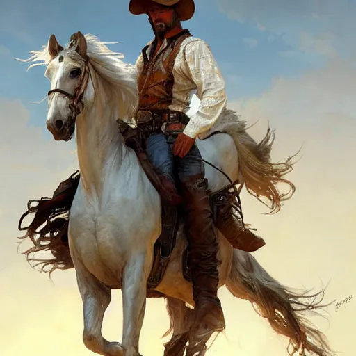 Image similar to a Rugged cowboy riding a white horse, D&D, fantasy, intricate, elegant, highly detailed, digital painting, artstation, concept art, smooth, sharp focus, illustration, art by artgerm and greg rutkowski and alphonse mucha