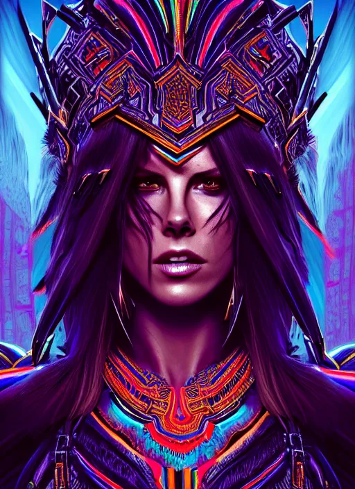 Image similar to hyper detailed ultra sharp aztec underworld warrior trance girl, kate beckinsale. trending on artstation, warpaint aesthetic, earthwave, colorful, neon, ornate, intricate, digital painting, concept art, smooth, sharp focus, illustration, art by artgerm and greg rutkowski and h. r. giger, 8 k