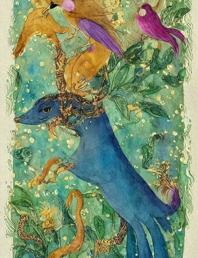 Prompt: deity of spring rain, in animal form. this watercolor and goldleaf work by the beloved children's book illustrator has interesting color contrasts, plenty of details and impeccable lighting.