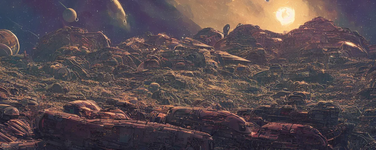 Prompt: a massive space junkyard on a barren world. the enviroment is cluttered with old broken sci fi vehicles piled in hills . Landscape image showing a huge tangle of junk. a distant mountain and stars in the sky. Moebius. digital painting. extremely detailed science fiction art. high resolution image.