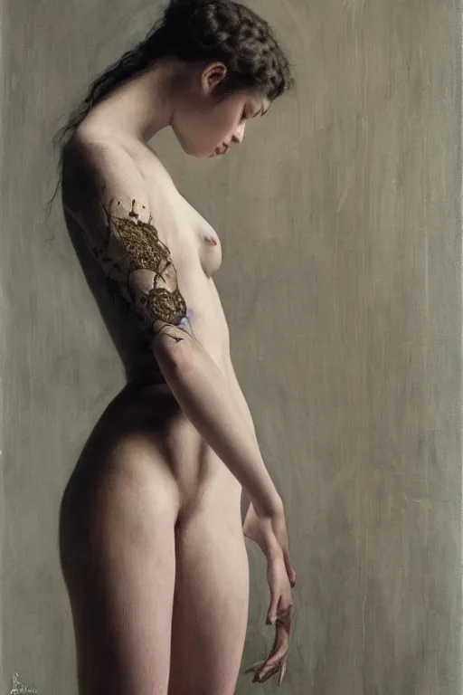 Image similar to beautiful girl posing in studio setting by frantisek kupka, intricate, miles johnston, kuroda seiki, cynical realism, ozabu, john william godward, painterly, yoshitaka amano, moebius, miles johnston, louise zhang, james jean, mark ryden