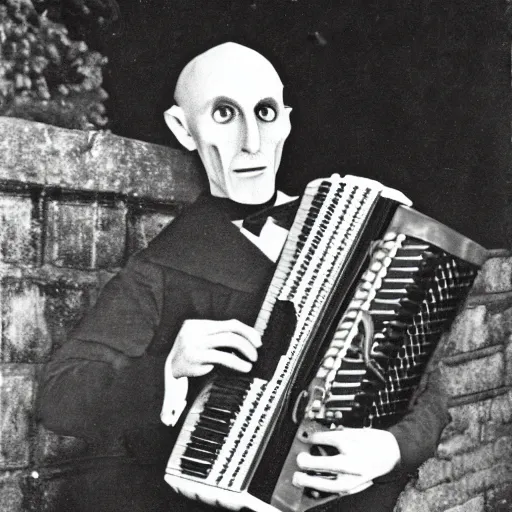 Prompt: vintage photograph of count orlok outside his castle, playing accordion, castle in the background, 4 k