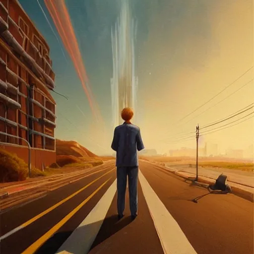 Image similar to a painting of a person standing on a road, concept art by chris labrooy, cgsociety, retrofuturism, sci - fi, concept art, futuristic