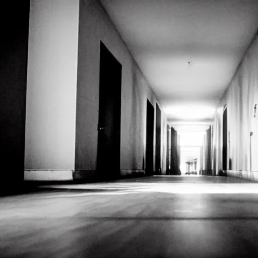 Prompt: a hallway with a shadowy silhouette standing at the end, creepy, uncanny, liminal space