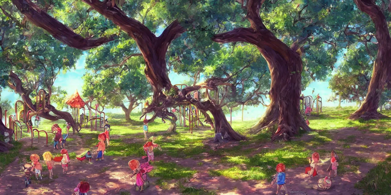 Prompt: 8 k ， an illustration of a children's playground under a big tree ， spring atmosphere ， by ashno alice and raja nanadepu ， trend on artgerm ， featured on artstation