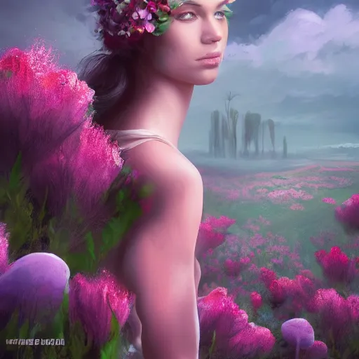 Prompt: The girl with flowers for a head, surreal landscaping in the background, concept art, 4k, trending on ArtStation