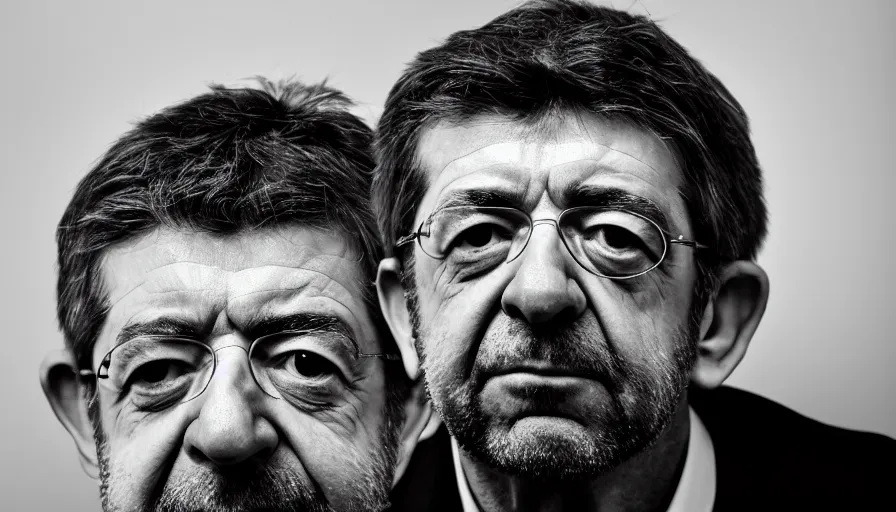 Image similar to hyper-realistic and anamorphic 2010s movie still close-up portrait of Jean-Luc Mélenchon, by Irving Penn, Leica SL2 50mm, beautiful color, high quality, high textured, detailed face