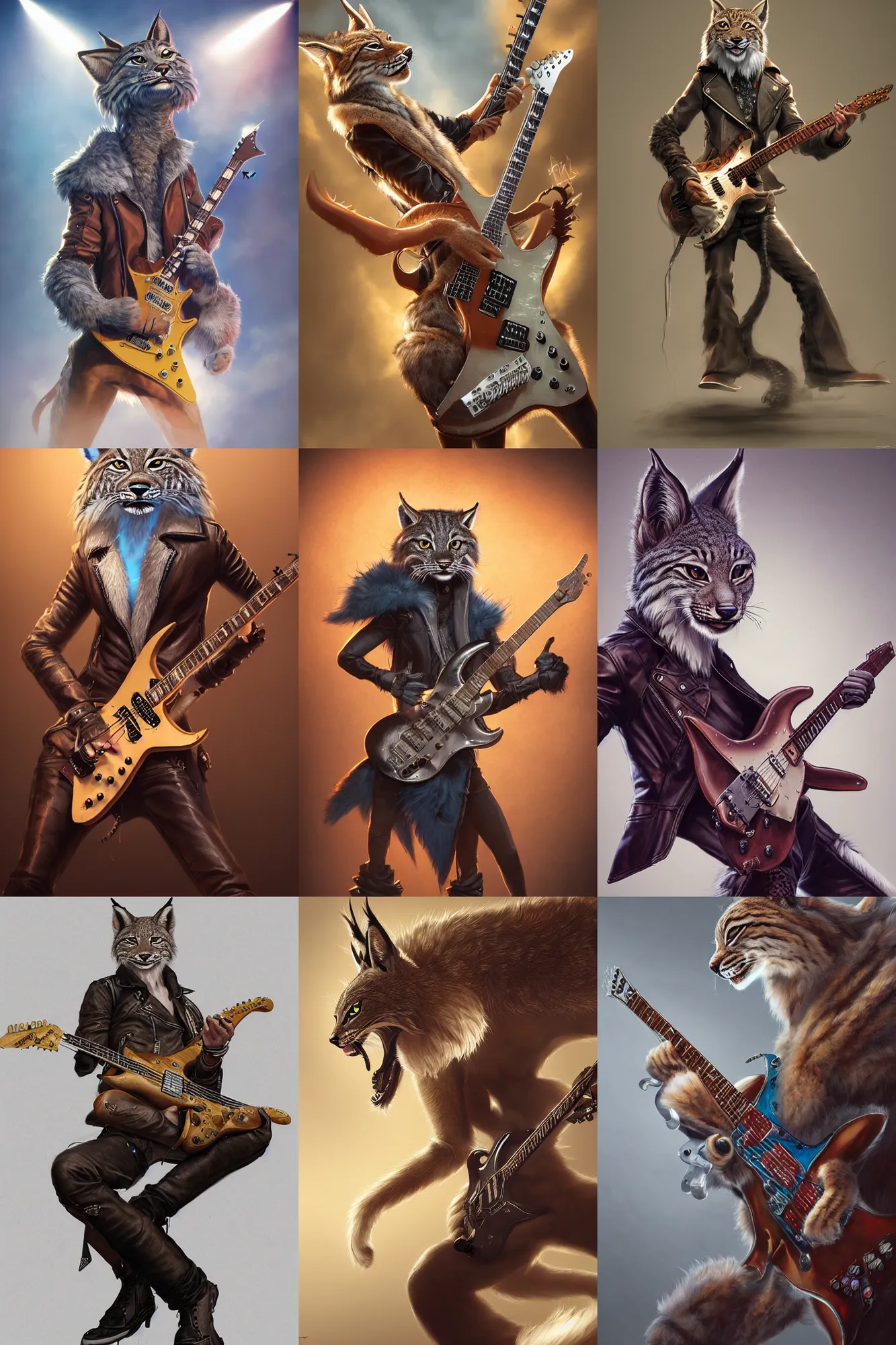 Prompt: an anthropomorphic lynx playing an electric guitar, leather jacket, fursona, dynamic, 3 d render, hyper - realistic detailed portrait, fantasy, magic the gathering, hyper detailed, octane render, concept art, wlop, artgerm, greg rutkowski