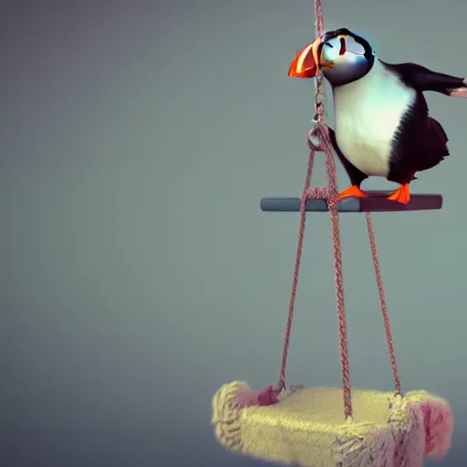 Image similar to puffin in a swing, concept art, cgsociety, octane render, trending on artstation, artstationHD, artstationHQ, unreal engine, 4k, 8k --height 768