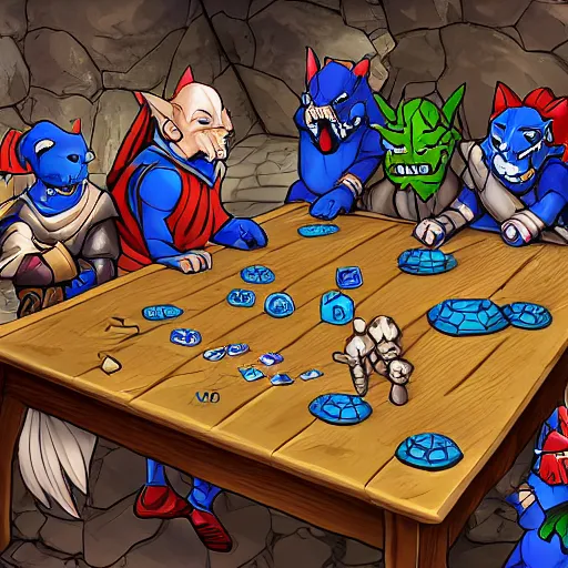 Prompt: A typical Dungeons And Dragons adventuring party, fighting a blue dragon and a highly organized pack of kobolds, except everyone is shrunk to only 2% of their normal height, and the fight is happening on a gridded battlemat on a kitchen table, with normal size pencils and polyhedral dice scattered across the table; 4K image