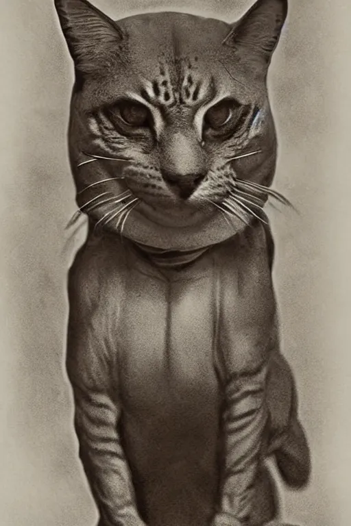 Image similar to battle cat from masters of the universe, portrait, full body, symmetrical features, silver iodide, 1 8 8 0 photograph, sepia tone, aged paper, sergio leone, master prime lenses, cinematic