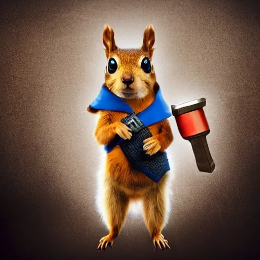 Image similar to a squirrel with thor outfit ~ holding his hammer ~ dramatic thunder background ~ trending ~