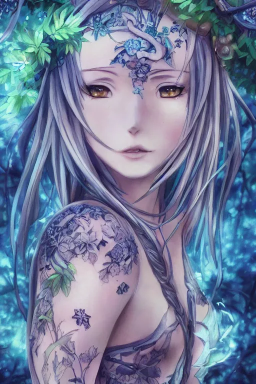 Prompt: anime key visual of a beautiful young forest nymph, sacred tattoos covering body, intricate, magical forest, stunning, highly detailed, digital painting, artstation, smooth, hard focus, illustration, final fantasy, art by sekiq, art by sakimichan, art by deviant art