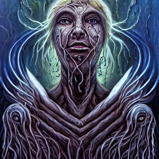 Image similar to eldritch angel from the edges of reality, pseudonatural, azathoth, pulsating, half-face, multiple eyes, multiple mouths, fallen heaven, oil painting, portrait, intricate complexity, rule of thirds, in the style of Adam Paquette, Svetlin Velinov, Daarken, Artgerm, Keith Thompson, and Eric Deschamps, magic the gathering art, character concept