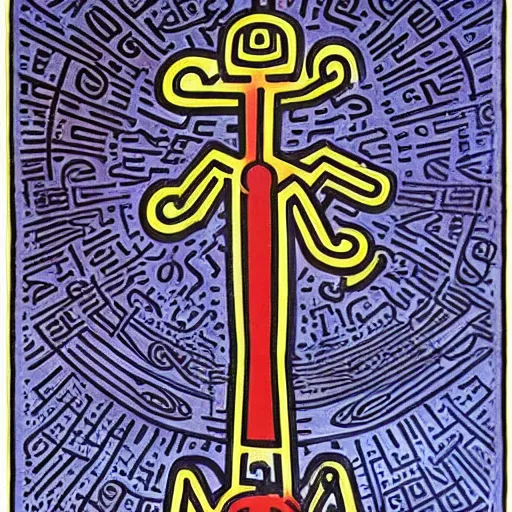 Image similar to smoky angelic otherworldly London line burbot machinery harbor teak tree , by Keith Haring and Evard Munch and Wendy Froud , groovy , smooth , tarot card