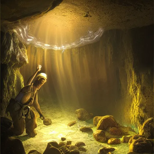 Image similar to adventurer archeologist, inside the wishing well cavern, piles of gold coins, refractive jewels, shallow water, gold refractions off water, moonlight beam from above illuminates cavern, reflective clean water on cavefloor, slick wet walls, soft glow fungi, small flowing stream from wall, lichen patches, gold dappled lighting, movie poster painting