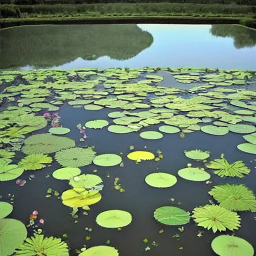 Image similar to sketched, renaissance offhand by valerio olgiati, by scarlett hooft graafland. a peaceful installation art that shows a pond with water lilies floating on the surface. the colors are soft & calming, & the overall effect is one of serenity & relaxation.