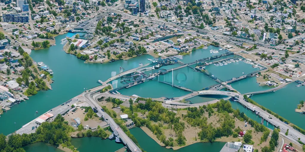 Image similar to bird's eye view of a city, trailer park, a road, bridge, and lagoon with docking area.