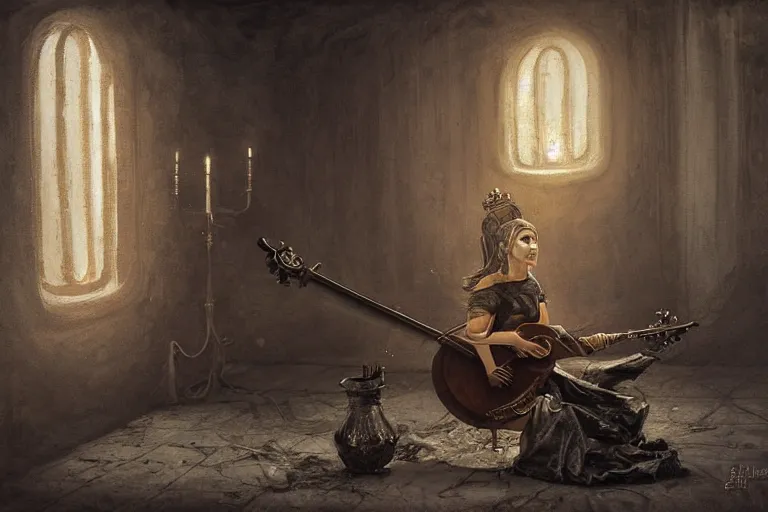 Image similar to still life of a lute with smoke wisping up from its smoldering string, cursed baroque with ebony inlay, designed by brian froud and hr giger leans against the wall alone, abandoned. an empty brutalist chamber, lonely, somberlate afternoon lighting cinematic fantasy painting by jessica rossier