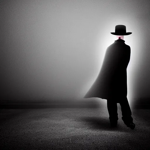 Image similar to white light from right, mysterious man in black suit and black hat, he has a pistol!!, smoke, fog, mysterious, 4 k, highly detailed, digital art, strong shadows, high contrast, epic scene, atmospheric, blue colours, old photograph