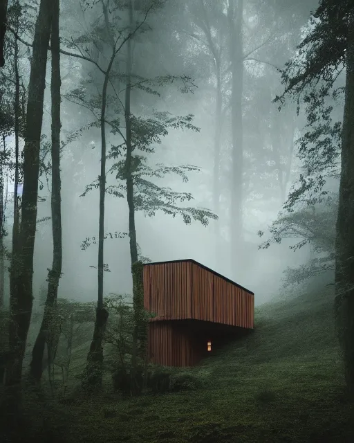 Image similar to an exquisite wooden house in the middle of a lush forest, minimalist design, architectural photography, dark and dim lighting, beautiful, tranquil, moody, cinematic, fantasy, 3 5 mm lens, volumetric lighting, first person view, photographic render, hyper realistic