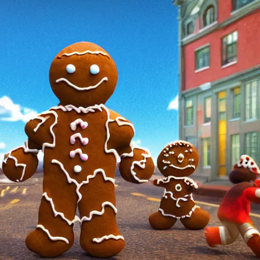 Image similar to a gingerbread man running around amsterdam, smoking weed, 3 d octane render, highly detailed, masterpiece, studio ghibli, amazing composition, hdr, gingerbread man is cute chibi,