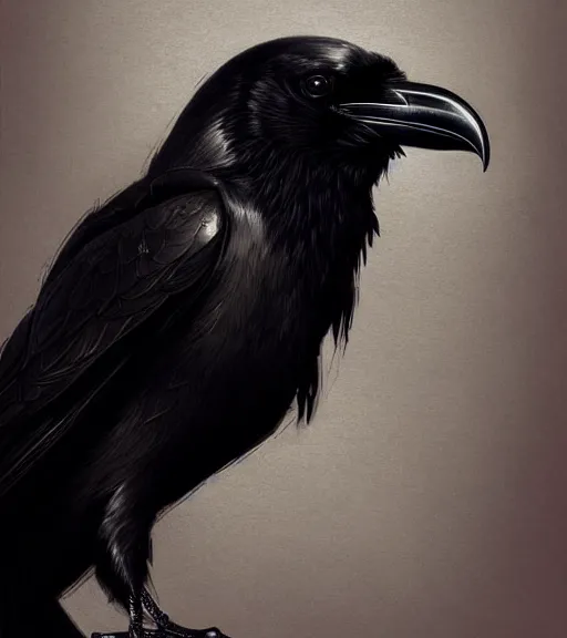 Prompt: portrait of an elegant raven with heightened detail, poised, intense emotion, detailed surroundings, intricate, elegant, highly detailed, centered, digital painting, artstation, concept art, smooth, sharp focus, illustration, by ( leonardo da vinci ), wlop