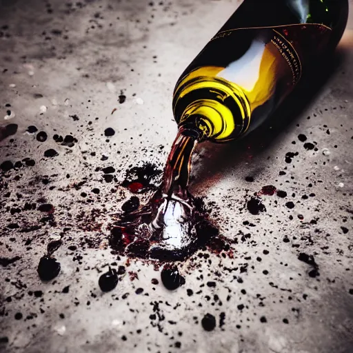Image similar to photography of a wine bottle crashing on the floor, bottom bottle explode but bottle neck remain, clear view on the label, wine splash, cinematographic look, award photography