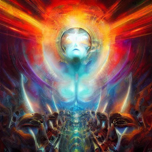 Prompt: dmt trip interdimensional beings breaking through the illusion by raymond swanland, highly detailed, bright tones