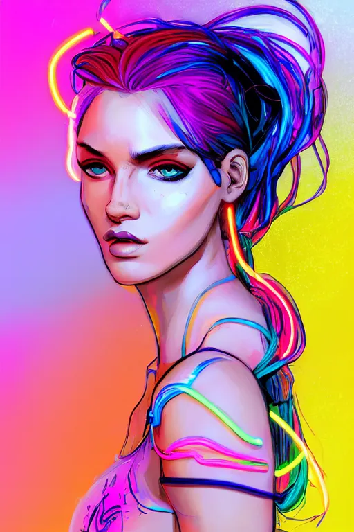 Image similar to a award winning portrait of a beautiful woman with stunning eyes in a one off shoulder crop top and cargo pants with rainbow colored hair, outlined by whirling illuminated neon lines and fine lines swirling in circles by greg tocchini, digital art, trending on artstation