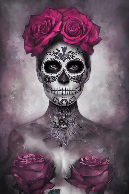 Image similar to illustration of a sugar skull day of the dead girl, art by lise deharme