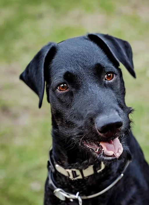 Prompt: closeup portrait of a black hunting terrier wearing a black suit