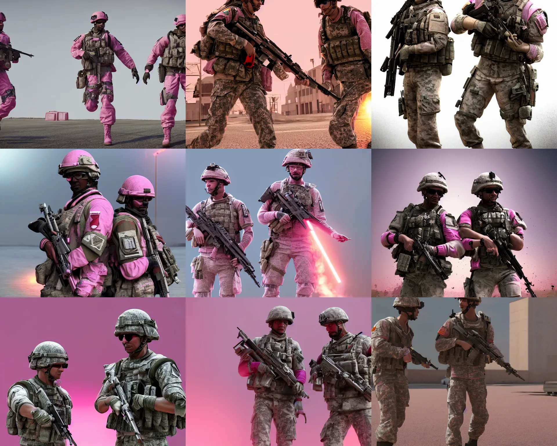 Prompt: two Battlefield 3 soldiers in pink! clothes are holding their hands, artstation, Octane render, realistic, 4k,